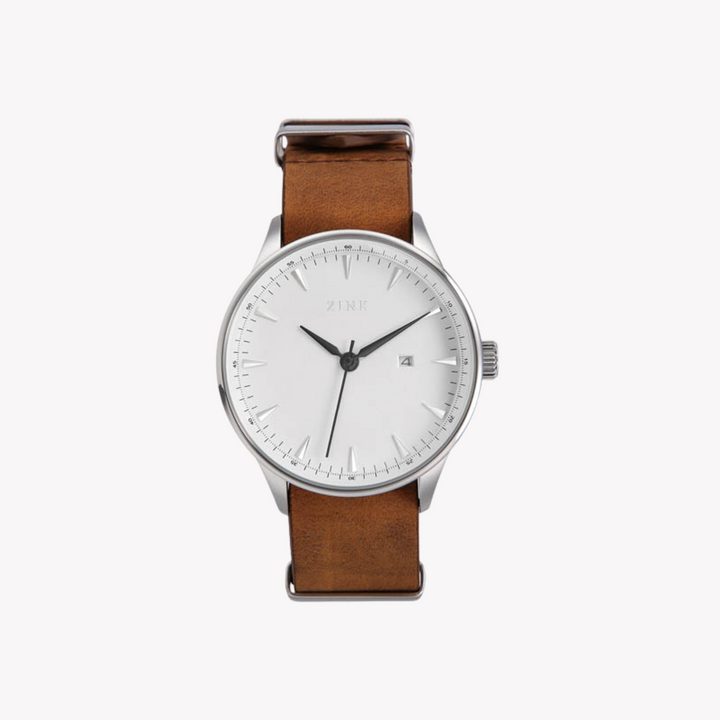 ZINK Men's Silver Stainless Steel Watch with Brown Leather Band | ZK127G1LS-12