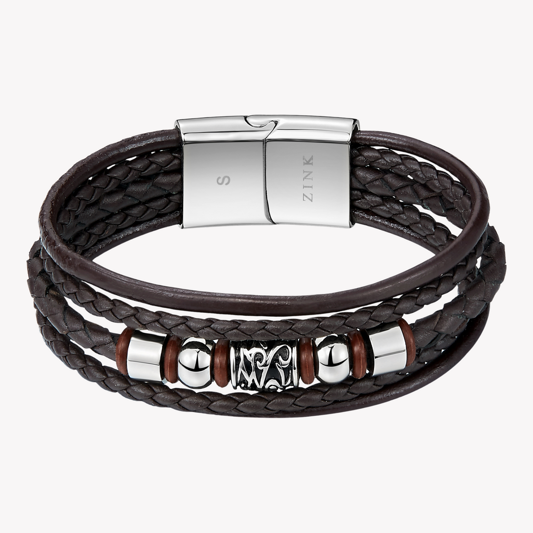 ZINK Men's Brown Stainless Steel & Leather Bracelet | ZJBC019LPBR