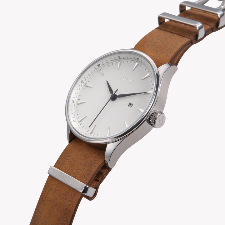 ZINK Men's Silver Stainless Steel Watch with Brown Leather Band | ZK127G1LS-12