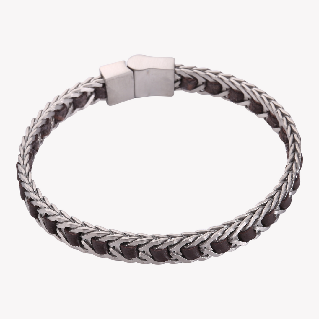 ZINK Men's  Silver & Brown Bracelet | Stainless Steel & Leather | ZJBC03710