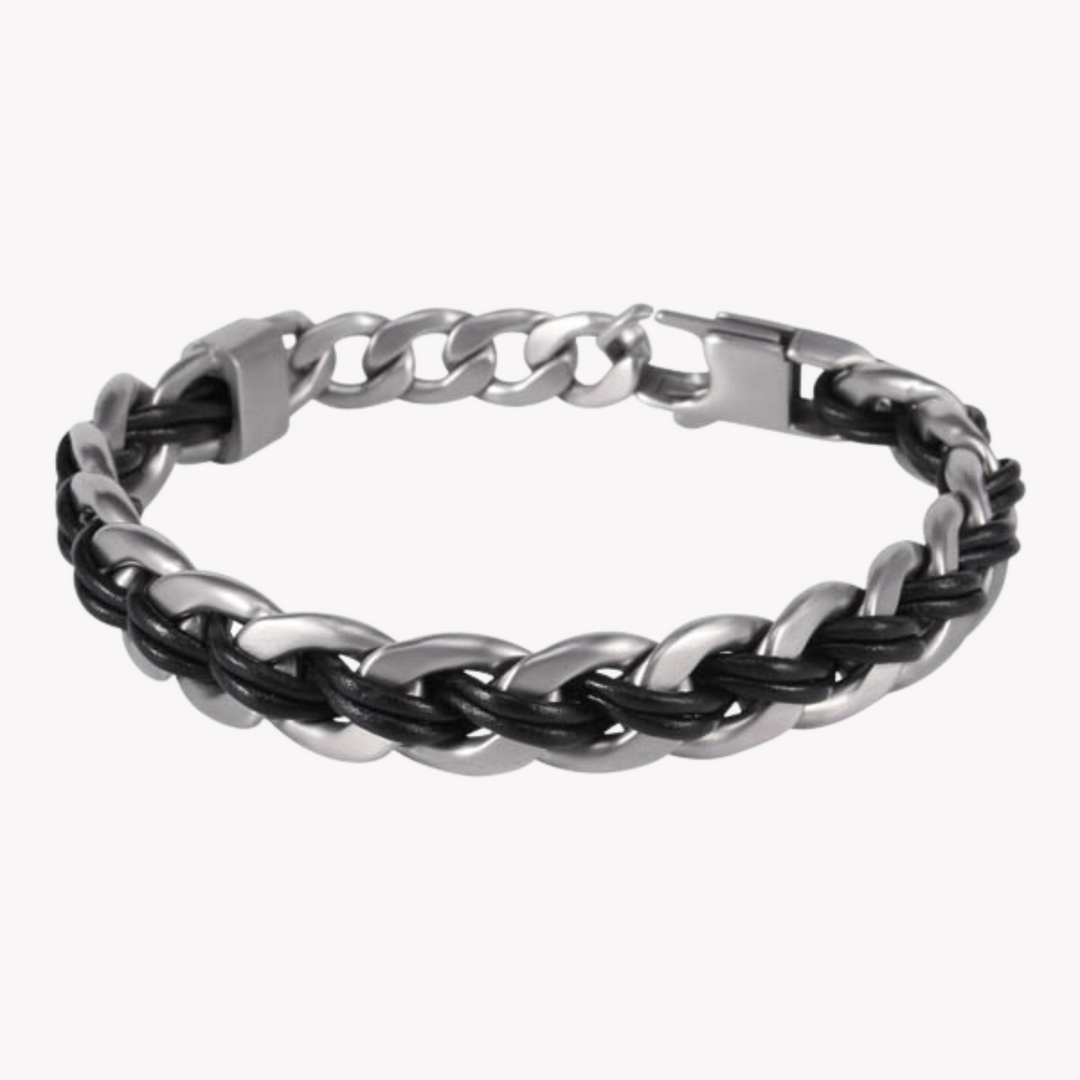 ZINK Men's Silver & Black Stainless Steel & Leather Bracelet | ZJBC008SLB-L