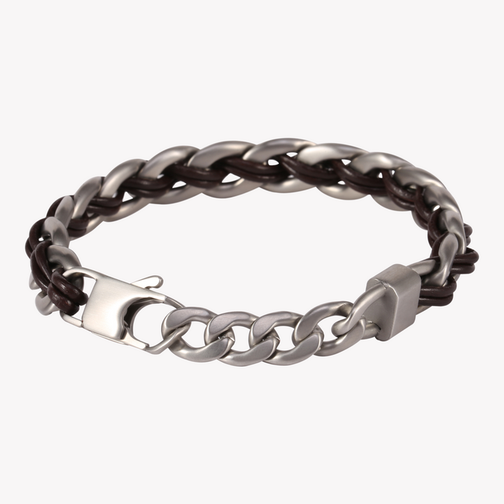 ZINK Men's Silver & Brown Stainless Steel & Leather Bracelet | ZJBC008SLBW