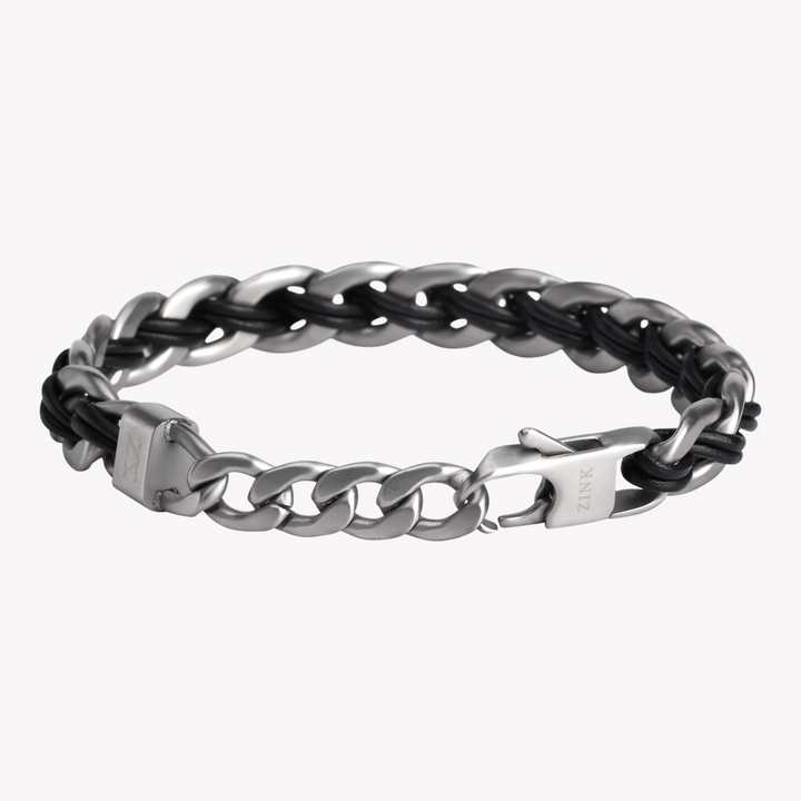 ZINK Men's Silver & Black Stainless Steel & Leather Bracelet | ZJBC008SLB-L