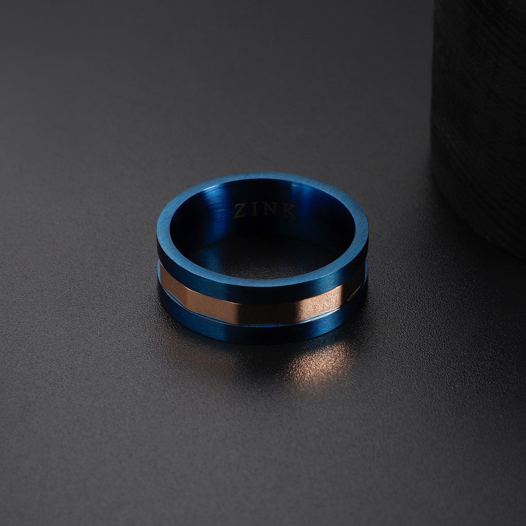 ZINK Men's Blue & Rose Gold Stainless Steel Ring | ZJRG037BL