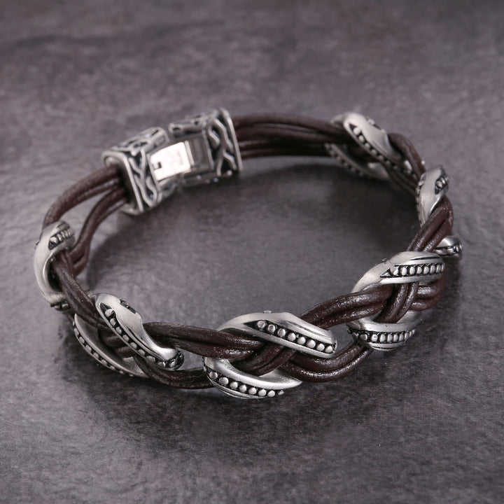 ZINK Men's Brown & Silver Stainless Steel & Leather Bracelet | ZJBC03810