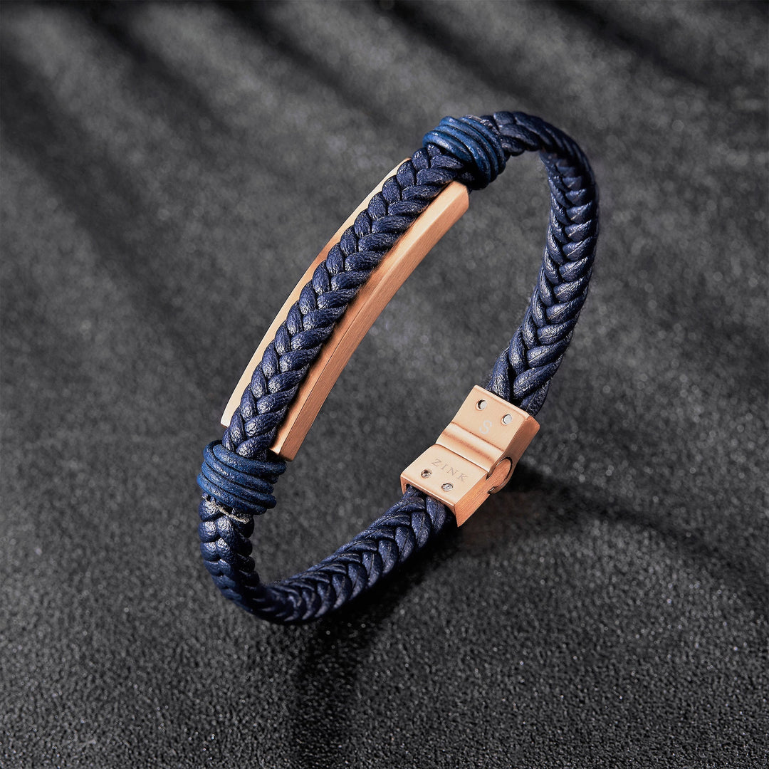 ZINK Men's Blue & Rose Gold Stainless Steel & Leather Bracelet | ZJBC028RGBL