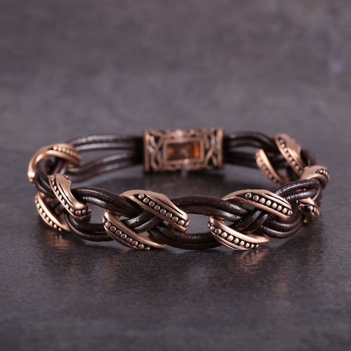 ZINK Men's Brown & Rose Gold Leather & Stainless Steel Bracelet | ZJBC038108