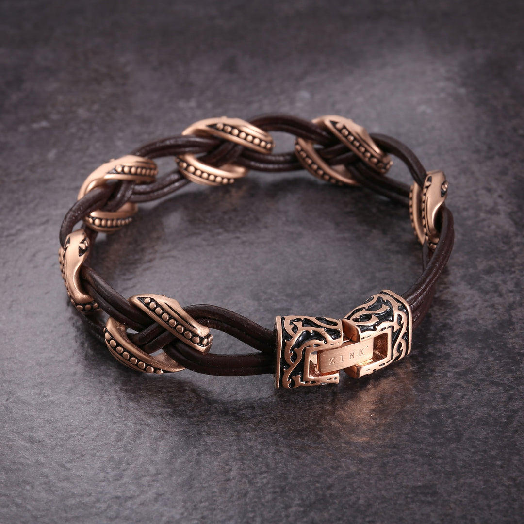 ZINK Men's Brown & Rose Gold Leather & Stainless Steel Bracelet | ZJBC038108